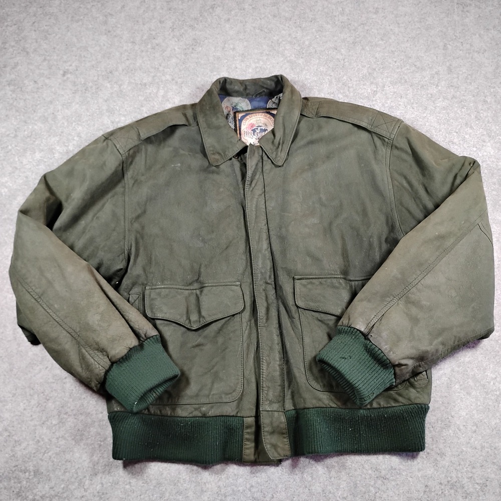 Paris Sport Club Mens Vintage Leather Bomber Jacket Olive Green Size S